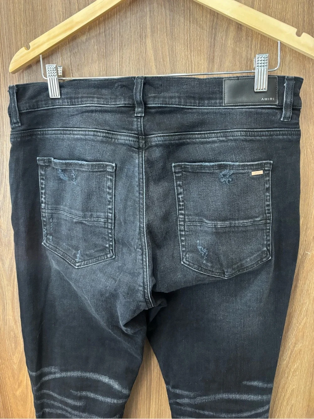 AMIRI Men’s Black Distressed Leopard Panel Skinny Jeans Size 36
